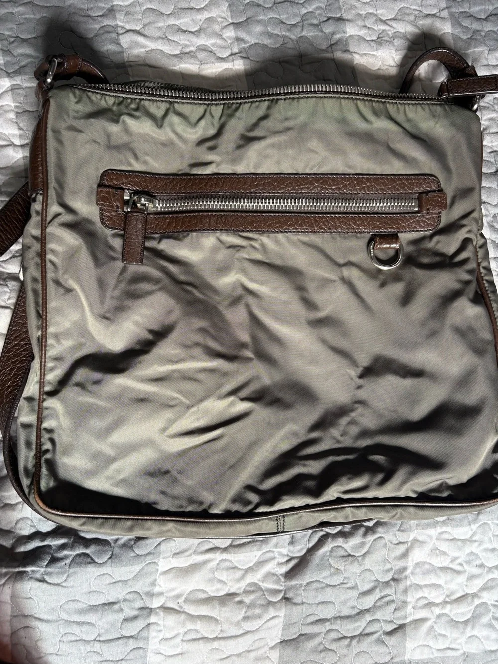 Prada Olive Nylon Messenger Bag with Brown Leather Trim